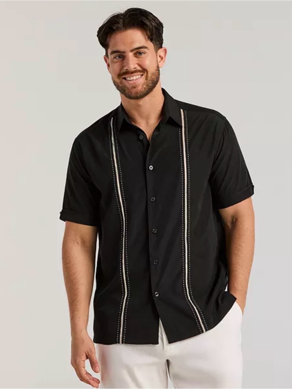 Cubavera Black Short-Sleeve Men’s Button-Up Shirt with Contrast Stitching